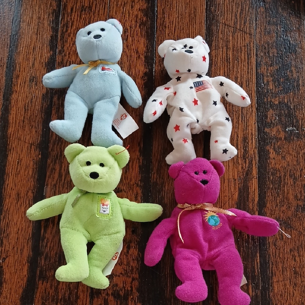 Ty Plush Bears in Blue, White, Green, and Pink